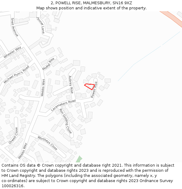 2, POWELL RISE, MALMESBURY, SN16 9XZ: Location map and indicative extent of plot