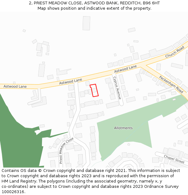2, PRIEST MEADOW CLOSE, ASTWOOD BANK, REDDITCH, B96 6HT: Location map and indicative extent of plot