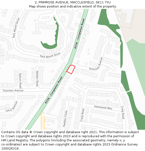 2, PRIMROSE AVENUE, MACCLESFIELD, SK11 7YU: Location map and indicative extent of plot