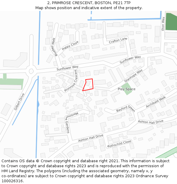 2, PRIMROSE CRESCENT, BOSTON, PE21 7TP: Location map and indicative extent of plot