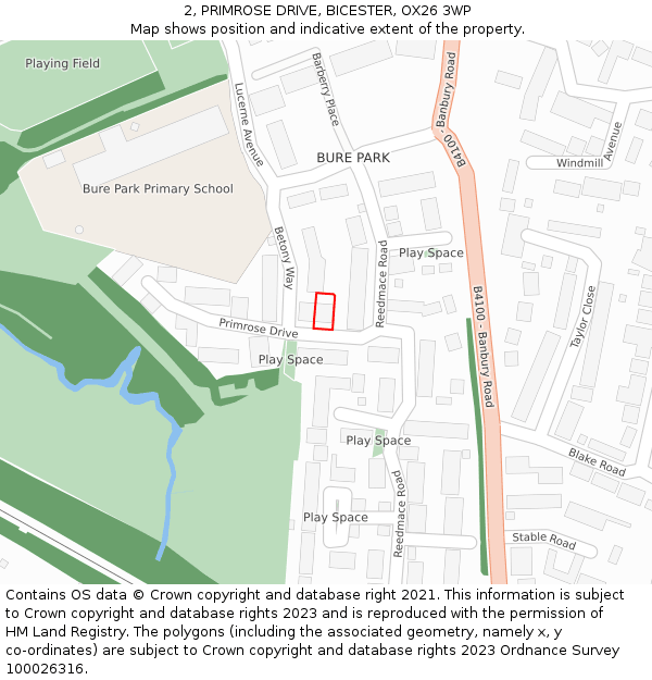 2, PRIMROSE DRIVE, BICESTER, OX26 3WP: Location map and indicative extent of plot