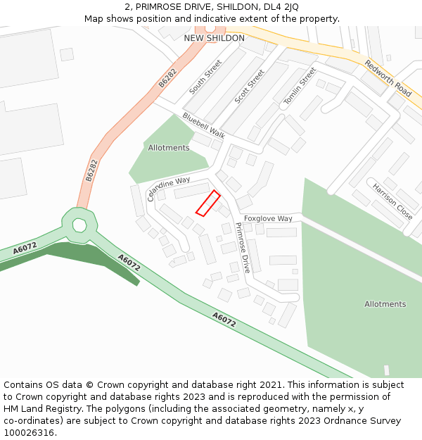 2, PRIMROSE DRIVE, SHILDON, DL4 2JQ: Location map and indicative extent of plot