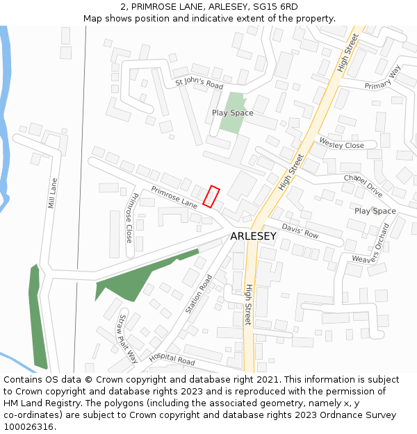 2, PRIMROSE LANE, ARLESEY, SG15 6RD: Location map and indicative extent of plot