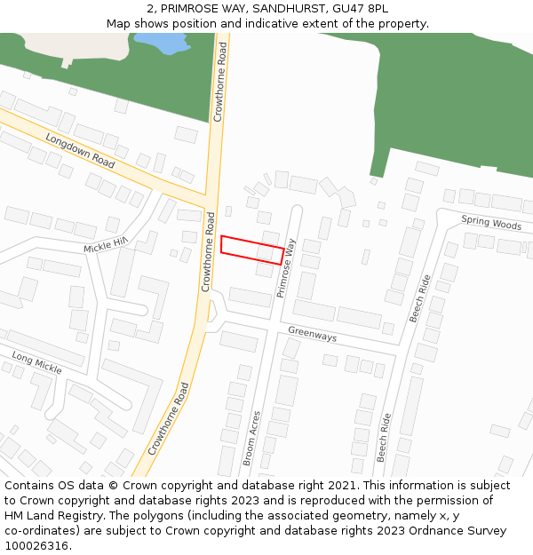 2, PRIMROSE WAY, SANDHURST, GU47 8PL: Location map and indicative extent of plot