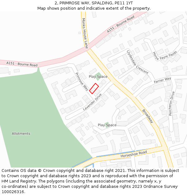 2, PRIMROSE WAY, SPALDING, PE11 1YT: Location map and indicative extent of plot