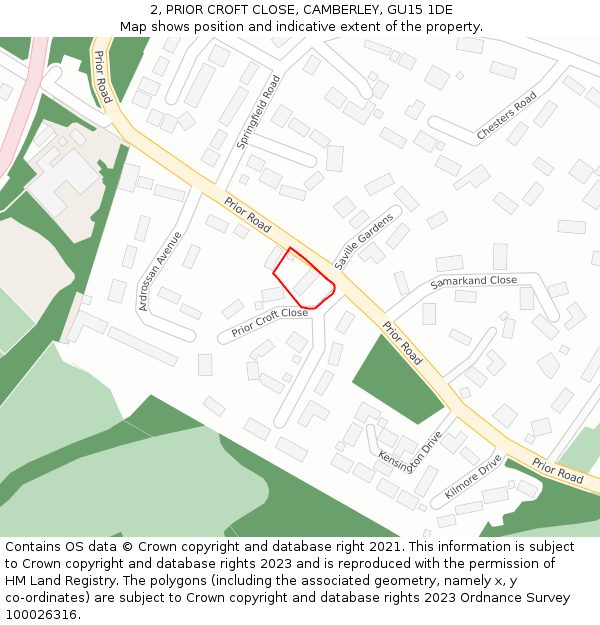 2, PRIOR CROFT CLOSE, CAMBERLEY, GU15 1DE: Location map and indicative extent of plot