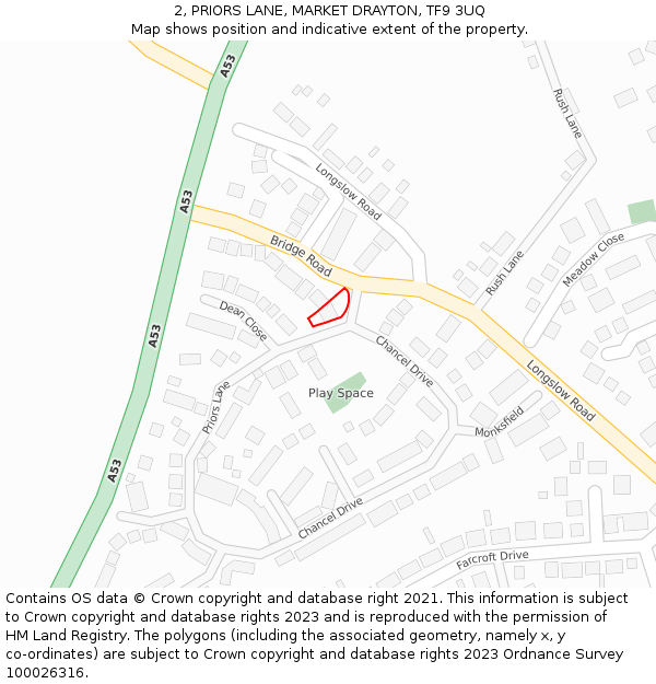 2, PRIORS LANE, MARKET DRAYTON, TF9 3UQ: Location map and indicative extent of plot