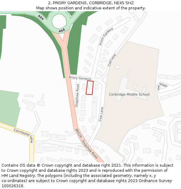 2, PRIORY GARDENS, CORBRIDGE, NE45 5HZ: Location map and indicative extent of plot