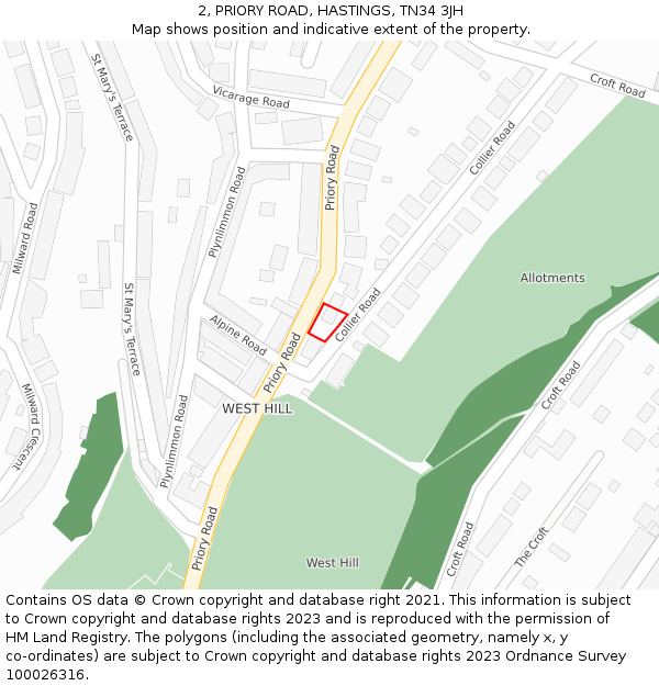 2, PRIORY ROAD, HASTINGS, TN34 3JH: Location map and indicative extent of plot