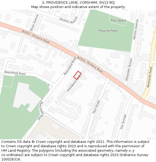 2, PROVIDENCE LANE, CORSHAM, SN13 9DJ: Location map and indicative extent of plot