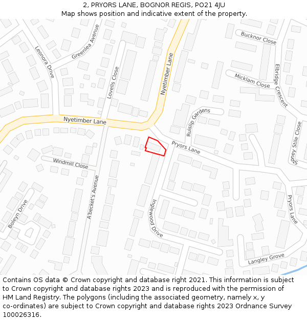 2, PRYORS LANE, BOGNOR REGIS, PO21 4JU: Location map and indicative extent of plot