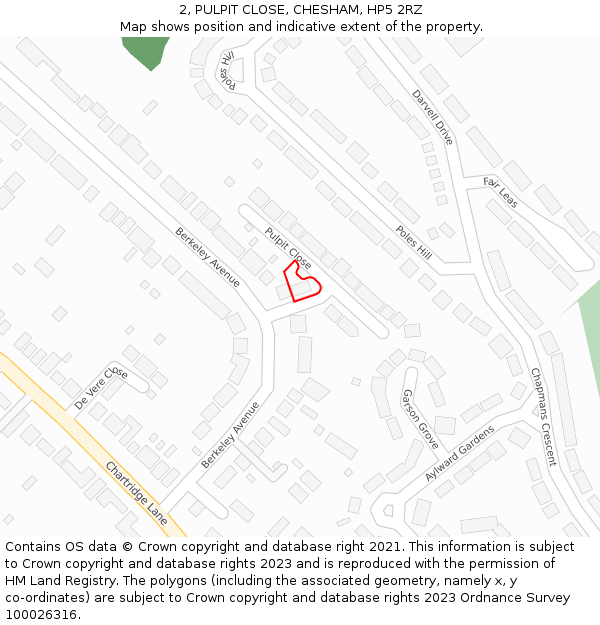 2, PULPIT CLOSE, CHESHAM, HP5 2RZ: Location map and indicative extent of plot