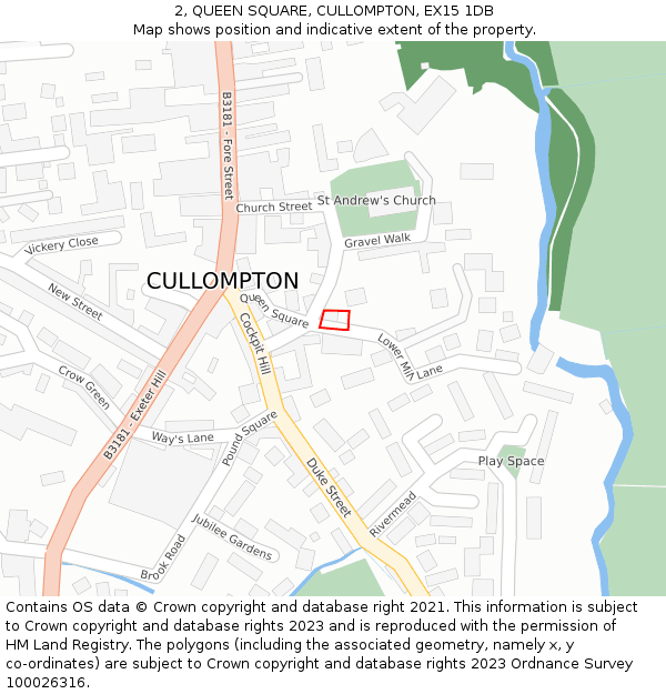 2, QUEEN SQUARE, CULLOMPTON, EX15 1DB: Location map and indicative extent of plot