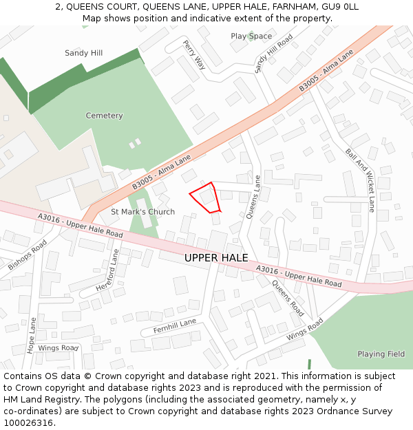 2, QUEENS COURT, QUEENS LANE, UPPER HALE, FARNHAM, GU9 0LL: Location map and indicative extent of plot