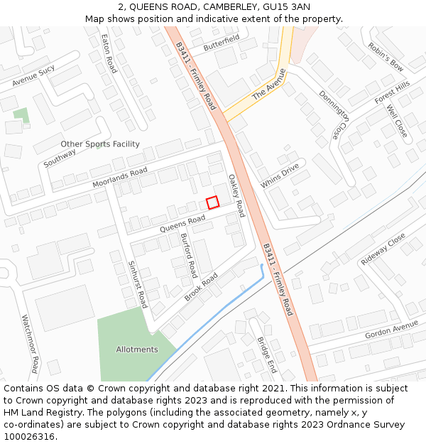 2, QUEENS ROAD, CAMBERLEY, GU15 3AN: Location map and indicative extent of plot