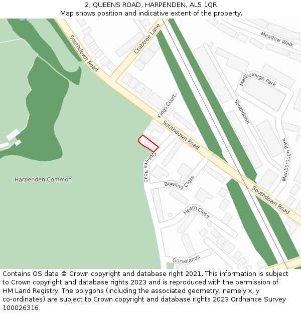 2, QUEENS ROAD, HARPENDEN, AL5 1QR: Location map and indicative extent of plot