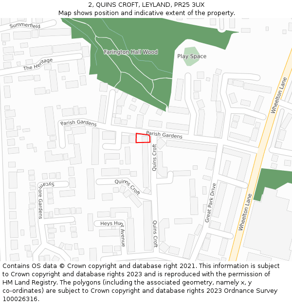 2, QUINS CROFT, LEYLAND, PR25 3UX: Location map and indicative extent of plot