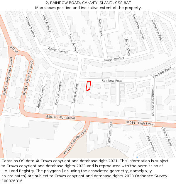 2, RAINBOW ROAD, CANVEY ISLAND, SS8 8AE: Location map and indicative extent of plot