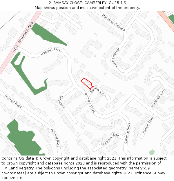 2, RAMSAY CLOSE, CAMBERLEY, GU15 1JS: Location map and indicative extent of plot