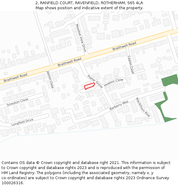 2, RANFIELD COURT, RAVENFIELD, ROTHERHAM, S65 4LA: Location map and indicative extent of plot