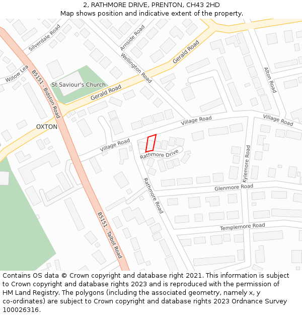 2, RATHMORE DRIVE, PRENTON, CH43 2HD: Location map and indicative extent of plot