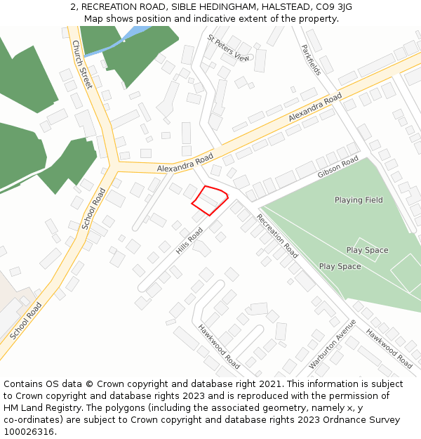 2, RECREATION ROAD, SIBLE HEDINGHAM, HALSTEAD, CO9 3JG: Location map and indicative extent of plot