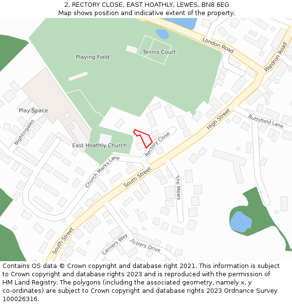 2, RECTORY CLOSE, EAST HOATHLY, LEWES, BN8 6EG: Location map and indicative extent of plot