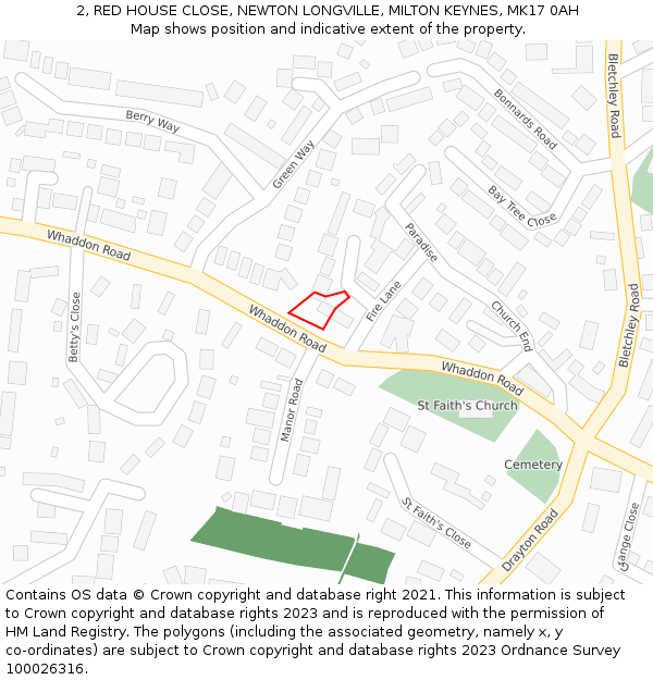 2, RED HOUSE CLOSE, NEWTON LONGVILLE, MILTON KEYNES, MK17 0AH: Location map and indicative extent of plot