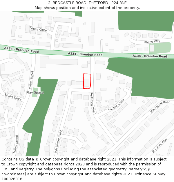 2, REDCASTLE ROAD, THETFORD, IP24 3NF: Location map and indicative extent of plot