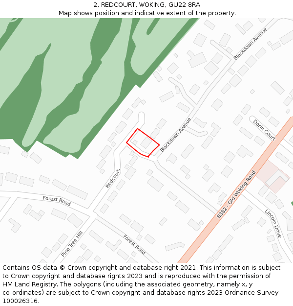 2, REDCOURT, WOKING, GU22 8RA: Location map and indicative extent of plot