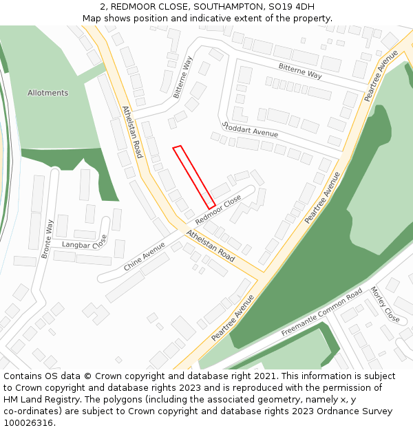 2, REDMOOR CLOSE, SOUTHAMPTON, SO19 4DH: Location map and indicative extent of plot