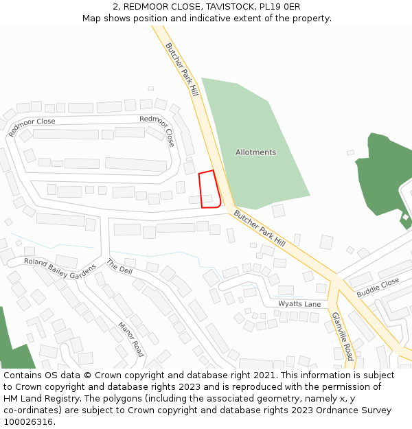 2, REDMOOR CLOSE, TAVISTOCK, PL19 0ER: Location map and indicative extent of plot