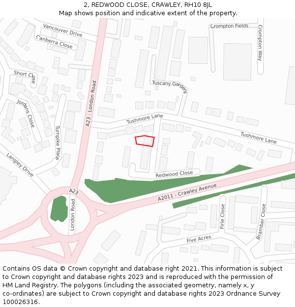 2, REDWOOD CLOSE, CRAWLEY, RH10 8JL: Location map and indicative extent of plot