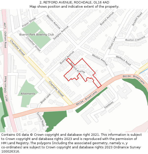 2, RETFORD AVENUE, ROCHDALE, OL16 4AD: Location map and indicative extent of plot