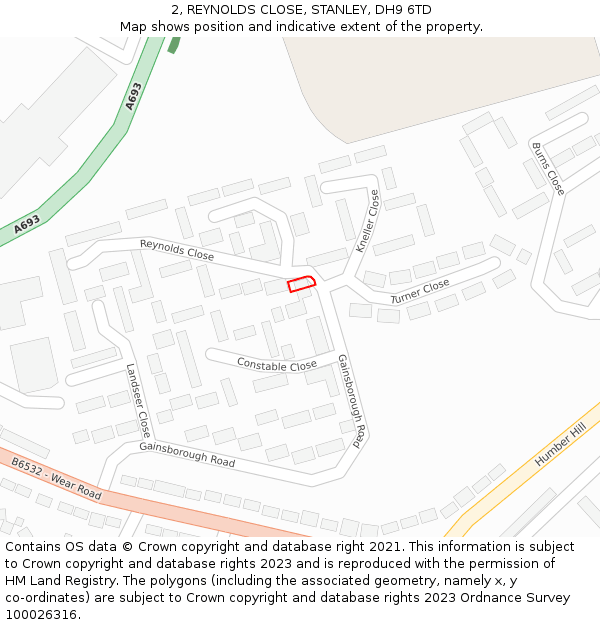 2, REYNOLDS CLOSE, STANLEY, DH9 6TD: Location map and indicative extent of plot