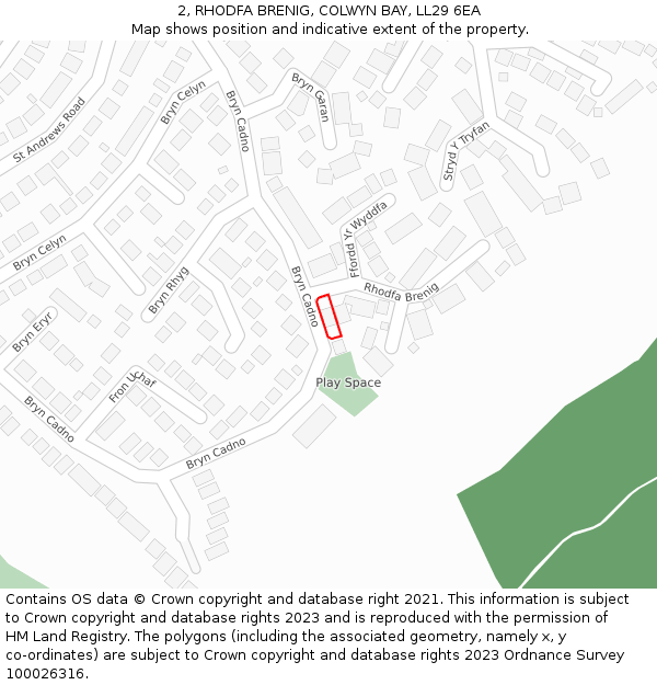 2, RHODFA BRENIG, COLWYN BAY, LL29 6EA: Location map and indicative extent of plot