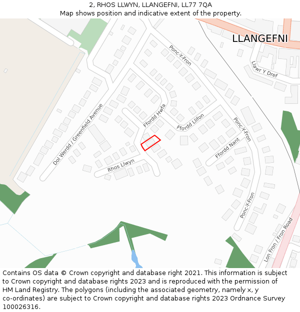 2, RHOS LLWYN, LLANGEFNI, LL77 7QA: Location map and indicative extent of plot