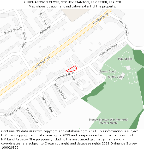 2, RICHARDSON CLOSE, STONEY STANTON, LEICESTER, LE9 4TR: Location map and indicative extent of plot