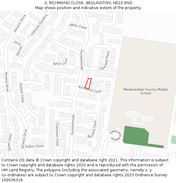 2, RICHMOND CLOSE, BEDLINGTON, NE22 6NG: Location map and indicative extent of plot