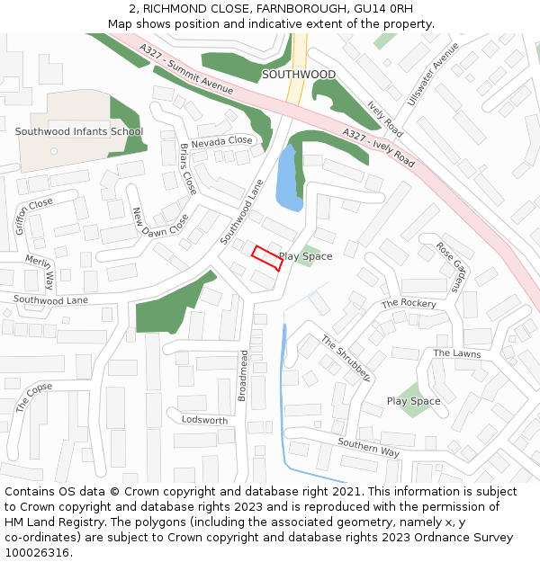 2, RICHMOND CLOSE, FARNBOROUGH, GU14 0RH: Location map and indicative extent of plot