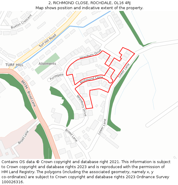 2, RICHMOND CLOSE, ROCHDALE, OL16 4RJ: Location map and indicative extent of plot