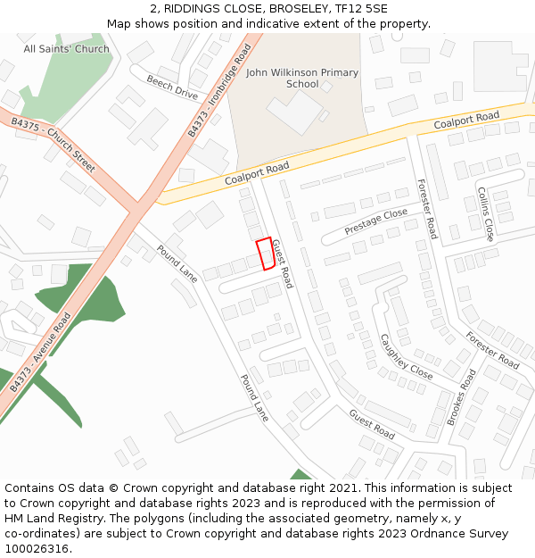 2, RIDDINGS CLOSE, BROSELEY, TF12 5SE: Location map and indicative extent of plot