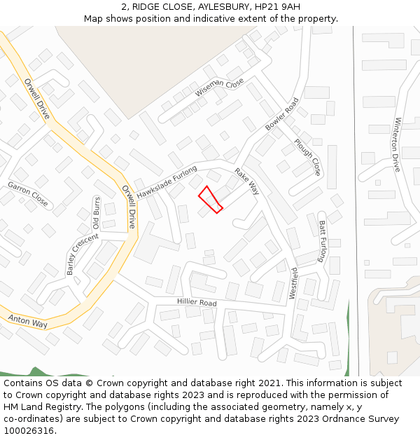 2, RIDGE CLOSE, AYLESBURY, HP21 9AH: Location map and indicative extent of plot