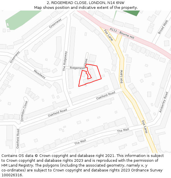 2, RIDGEMEAD CLOSE, LONDON, N14 6NW: Location map and indicative extent of plot