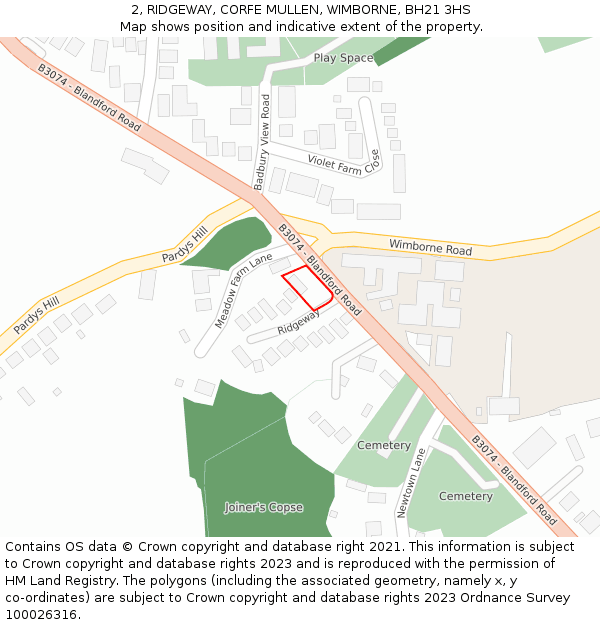 2, RIDGEWAY, CORFE MULLEN, WIMBORNE, BH21 3HS: Location map and indicative extent of plot