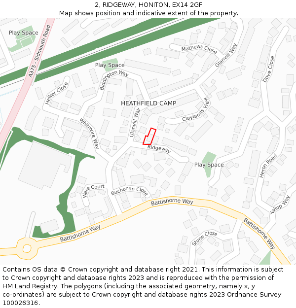 2, RIDGEWAY, HONITON, EX14 2GF: Location map and indicative extent of plot