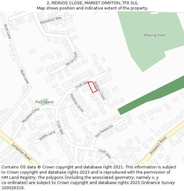 2, RIDINGS CLOSE, MARKET DRAYTON, TF9 3UL: Location map and indicative extent of plot