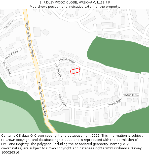 2, RIDLEY WOOD CLOSE, WREXHAM, LL13 7JF: Location map and indicative extent of plot