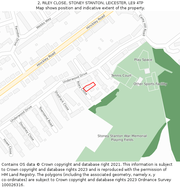 2, RILEY CLOSE, STONEY STANTON, LEICESTER, LE9 4TP: Location map and indicative extent of plot