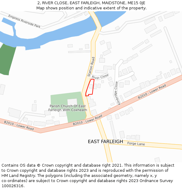 2, RIVER CLOSE, EAST FARLEIGH, MAIDSTONE, ME15 0JE: Location map and indicative extent of plot
